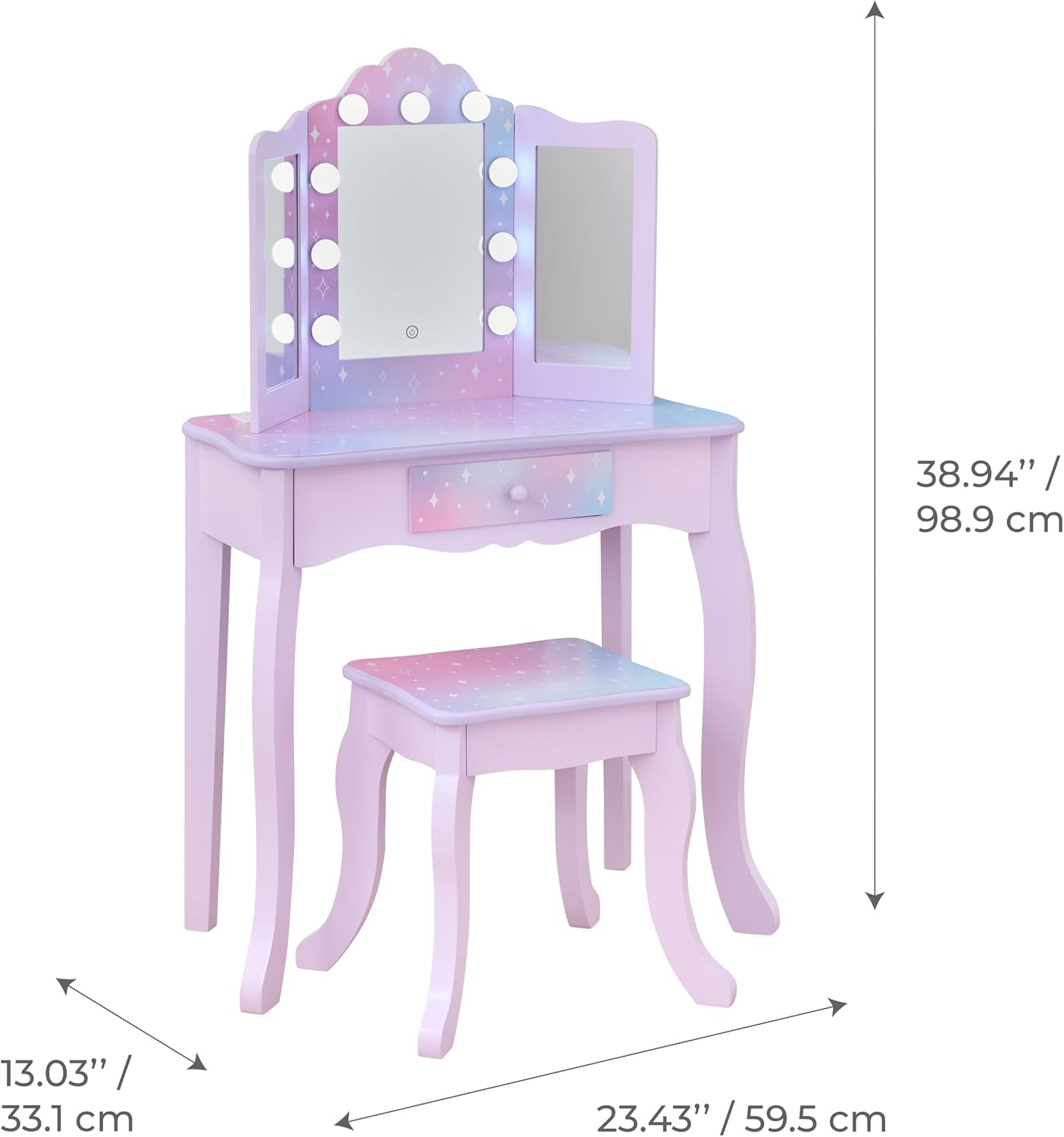 Teamson Kids Stardust Print Gisele Medium Vanity with LED Lights & Touch Sensor Mirror, Storage Drawer for Kids Pretend Play, Purple Elegant Dressing Table Set with Stool for Toddlers & Girls Ages 3+