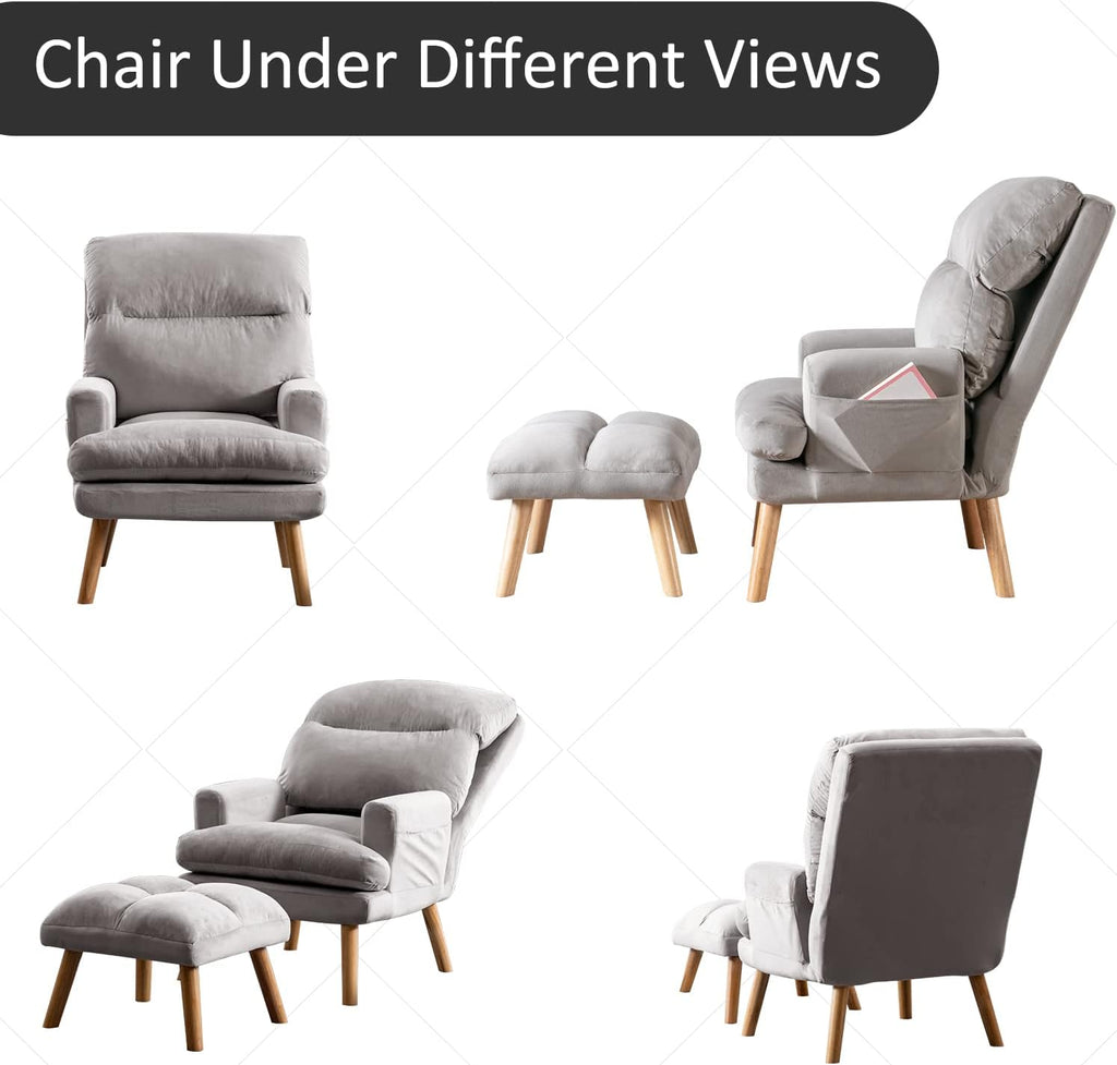 INZOY Accent Chairs with Ottoman, Velvet Fabric Armchair with Ottoman for Bedroom Living Room, Mid Century Modern Chair with Adjustable Backrest and Side Pockets, Grey