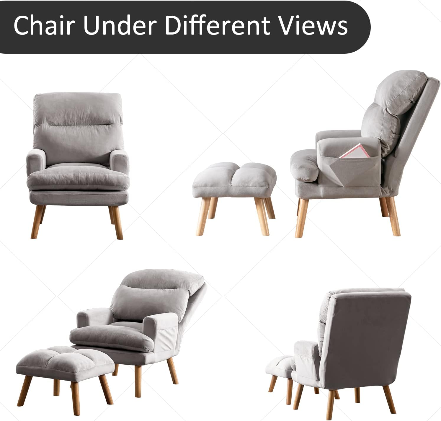 INZOY Accent Chairs with Ottoman, Velvet Fabric Armchair with Ottoman for Bedroom Living Room, Mid Century Modern Chair with Adjustable Backrest and Side Pockets, Grey
