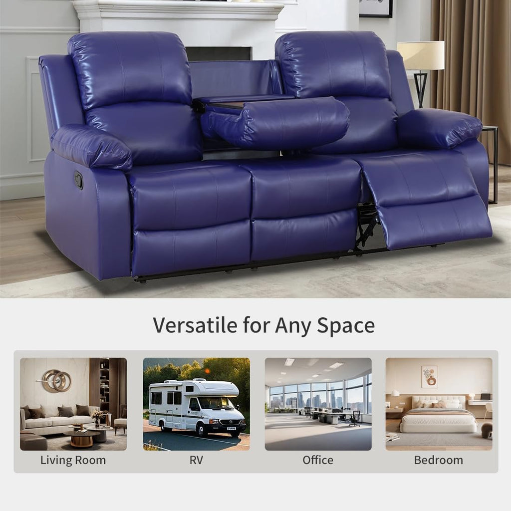 Living Room Furniture Set, Manual Reclining Sofa Set, Blue Leather Recliner Couch Sets with Drop-Down Table, Recliner Sofa with Storage Console/Cup Holder for Living Room/Apartment
