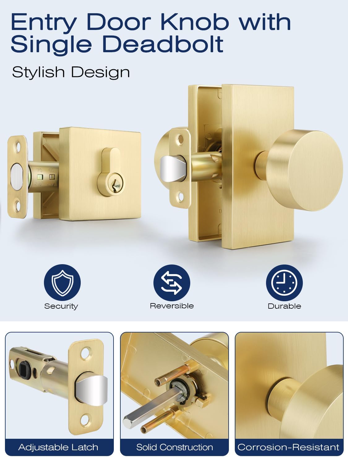 Entry Door Locksets with Deadbolt, 3 Pack Door Knobs Interior, Gold Door Handle with Single Deadbolt, Keyed Entry Door Knob, Universal for Left/Right Handled Doors, Satin Brass Door Lever Set