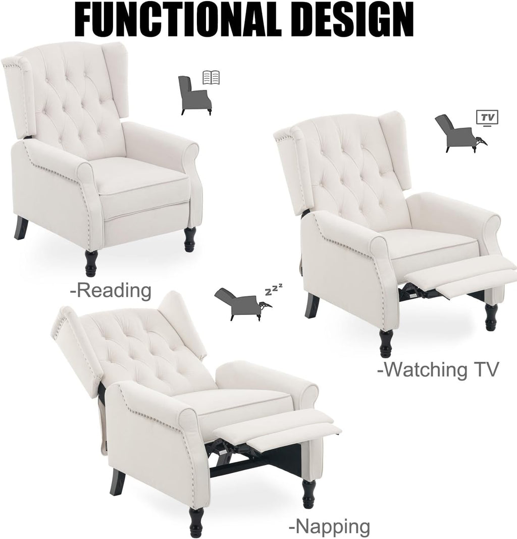 Velvet Accent Chair, Push Back Recliner Chair, Wingback Arm Chair for Living Room/Bedroom/Home Theater/Reception Area, Light Beige