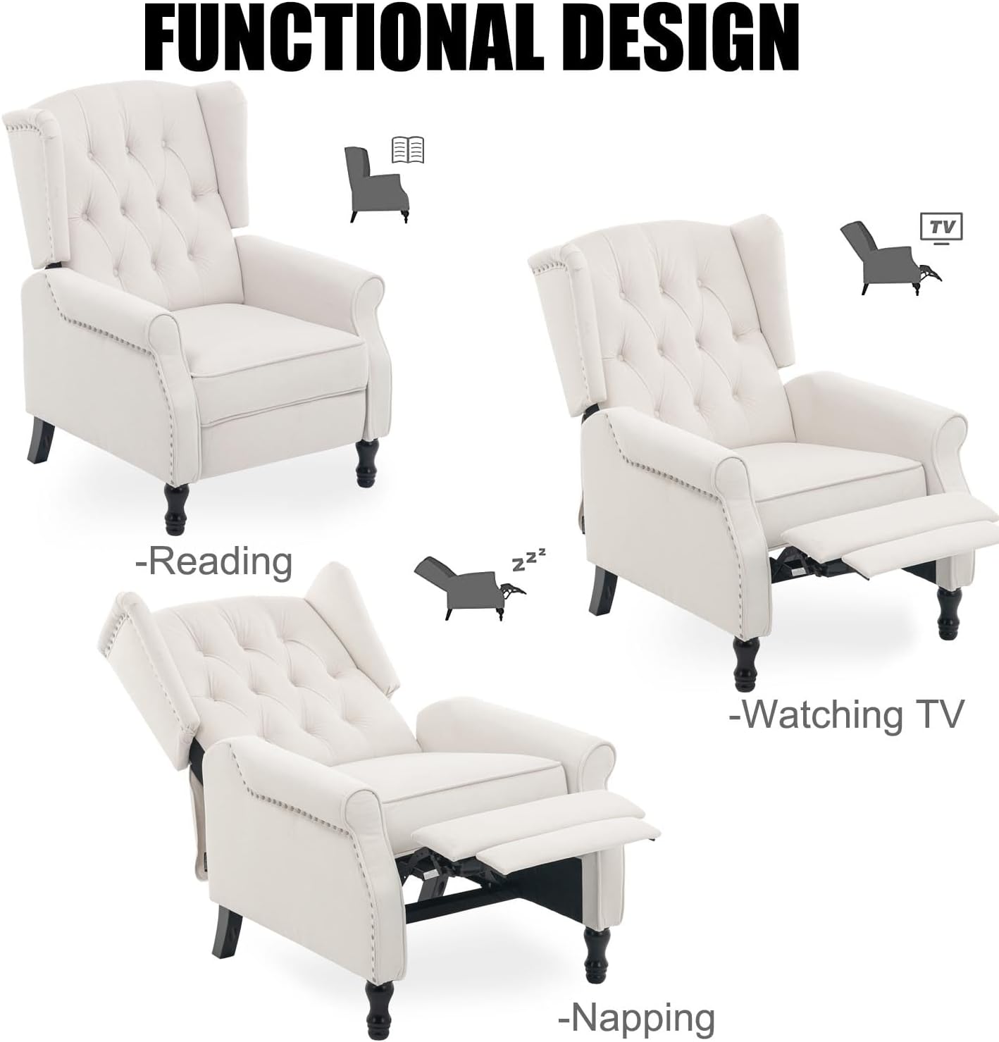 Velvet Accent Chair, Push Back Recliner Chair, Wingback Arm Chair for Living Room/Bedroom/Home Theater/Reception Area, Light Beige