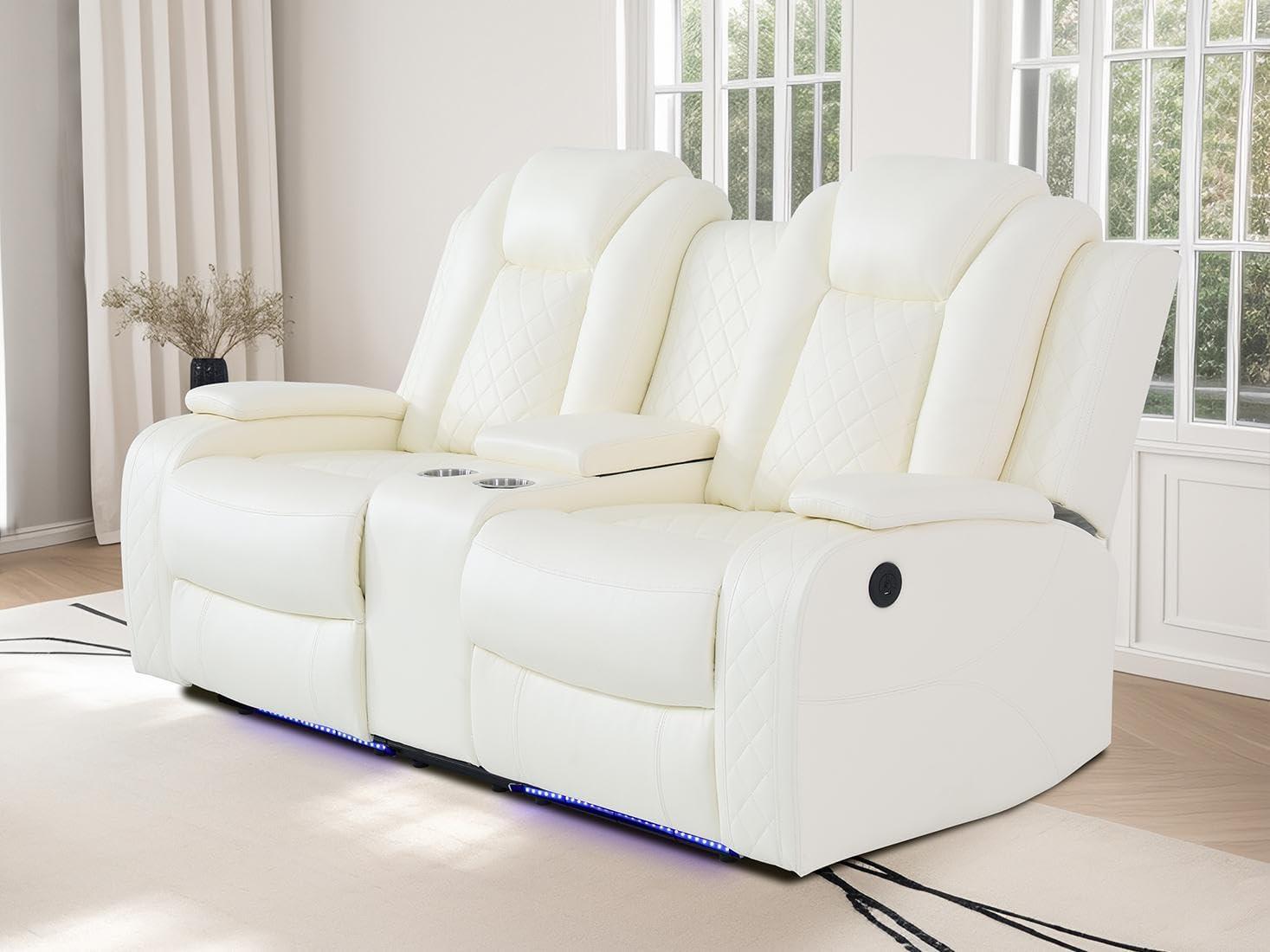 Living Room Sofa Sets, Breathing Leather Power Recliner Sofa with LED Light, Power Reclining Loveseat with 2 Recliner Seats/Cup Holders/Storage Console for Living Room(Vanilla White)