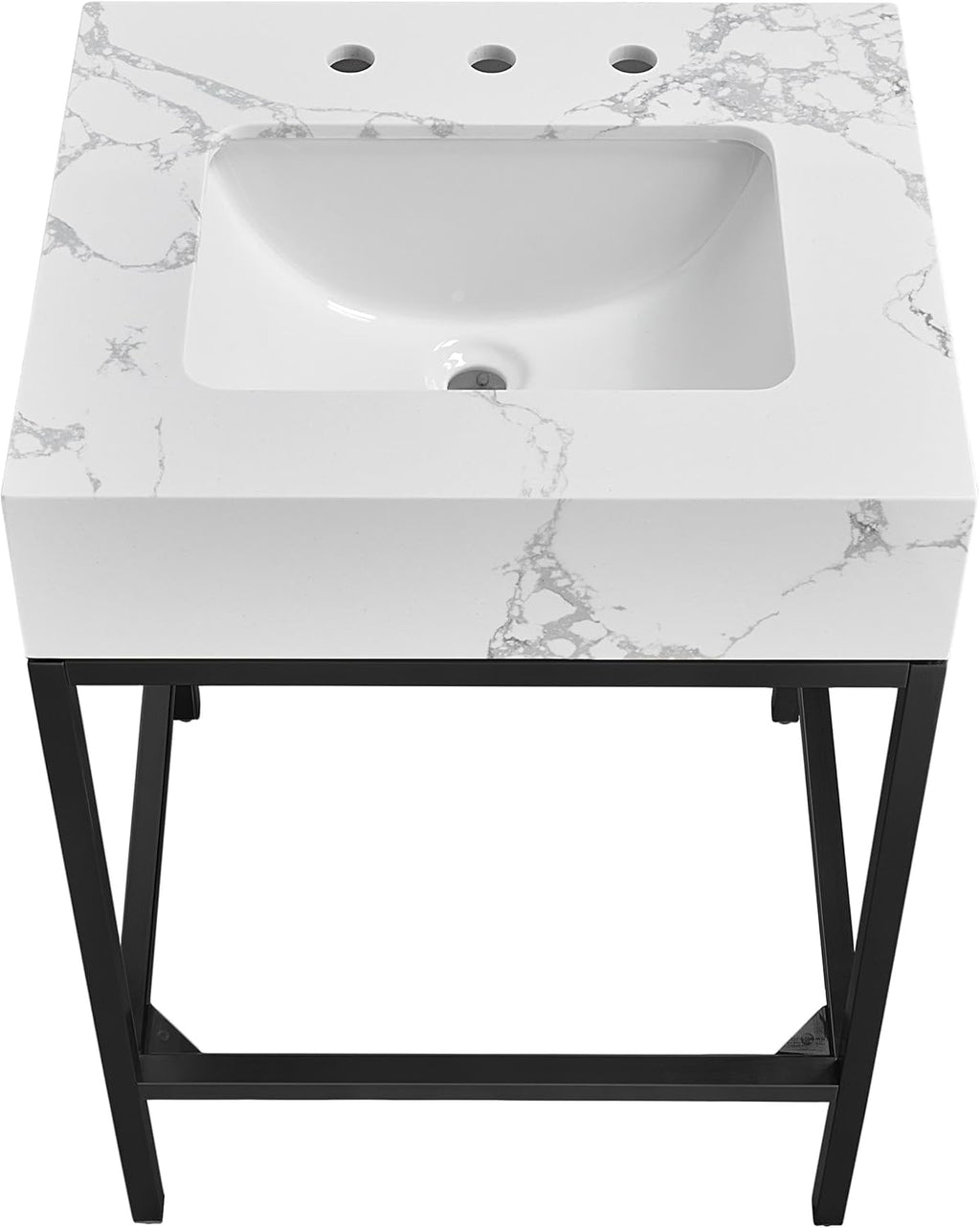Meridian Furniture 407White-24 Marmo Collection Modern | Contemporary Bathroom Vanity with White Engineered Stone with Grey Veining, Matte Black Metal Base, 24' W x 21' D x 34' H, White