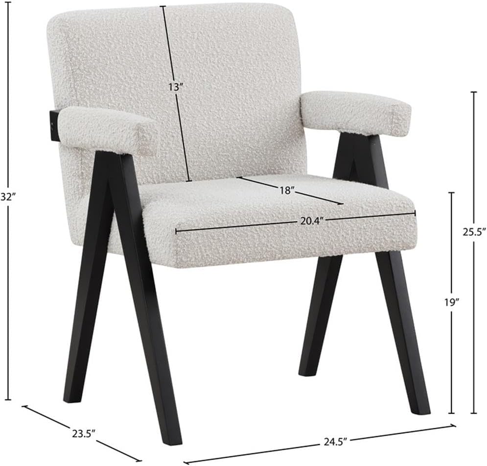 Meridian Furniture 481Cream Woodloch Collection Mid-Century Modern Boucle Fabric Upholstered Accent Chair with Rich Cream Boucle Fabric, Black Finish Solid Wood, 24.5' W x 23.5' D x 32' H, Cream