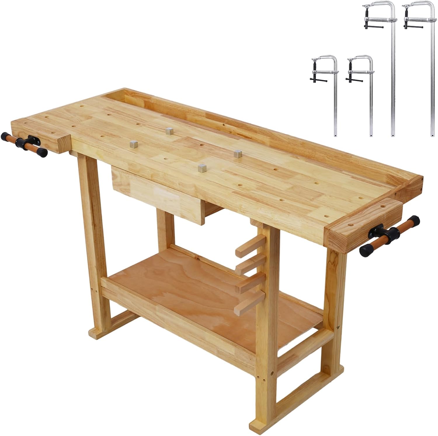 55-Inch Wood Workbench with Drawer - 330lbs Weight Capacity Heavy Duty Portable Wood Work Bench Table, with Bar Clamps Set 2pcs 12'x3' + 2pcs 24' x4-3/4 Throat, for Garage, Workshop, Home Storage