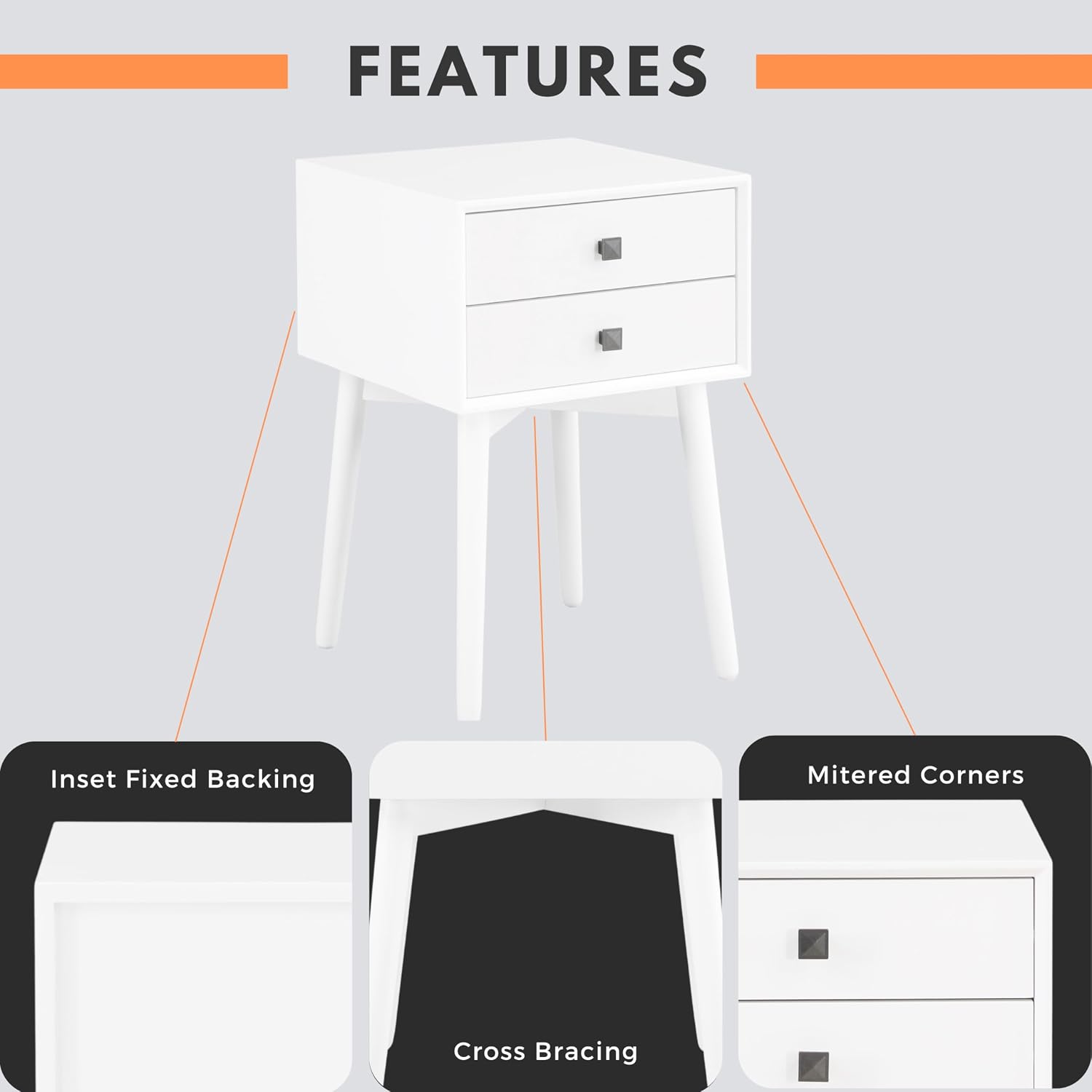 24/7 Shop at Home Goerge Mid-Century Modern Nightstand, Solid Rubber Wood Dresser, Small Bedside Tables with 2 Drawers, with Tapered Legs for Bedroom, Living Room, Home Office, White