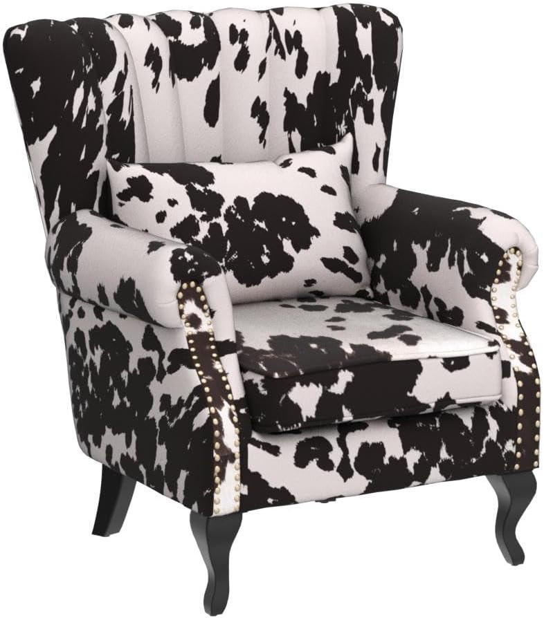 Kmax Cow Print Accent Chair Velvet Wingback Chair with Pillow Nail-Head Channel Tufted Oversized Club Chair for Living Room Bedroom Guest Room
