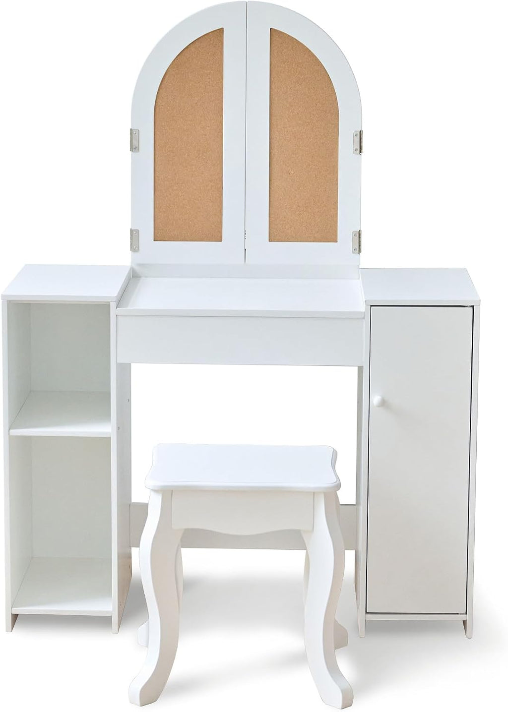 Teamson Kids 2-in-1 White Vanity Desk Set with Mirror & Stool for Girls - Dual Purpose Deluxe Glow Play Makeup Vanity & Desk with LED Lights & Cork Panels for Kids Ages +3