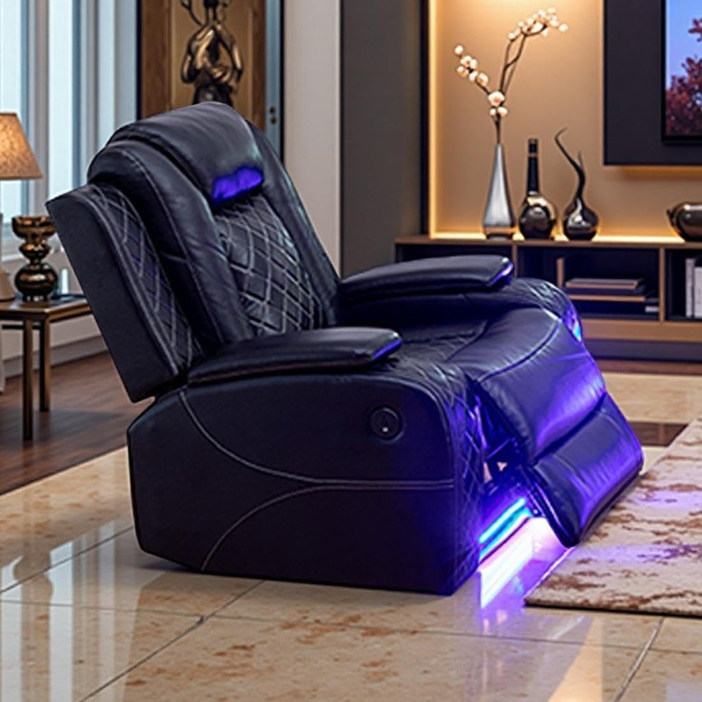 Power Leather Recliner Chair Set with LED Light, Black Leather Reclining Set, Living Room Furniture Sets, Modern Power Recliner Sets for Living Room/RV/Apartment(Black)
