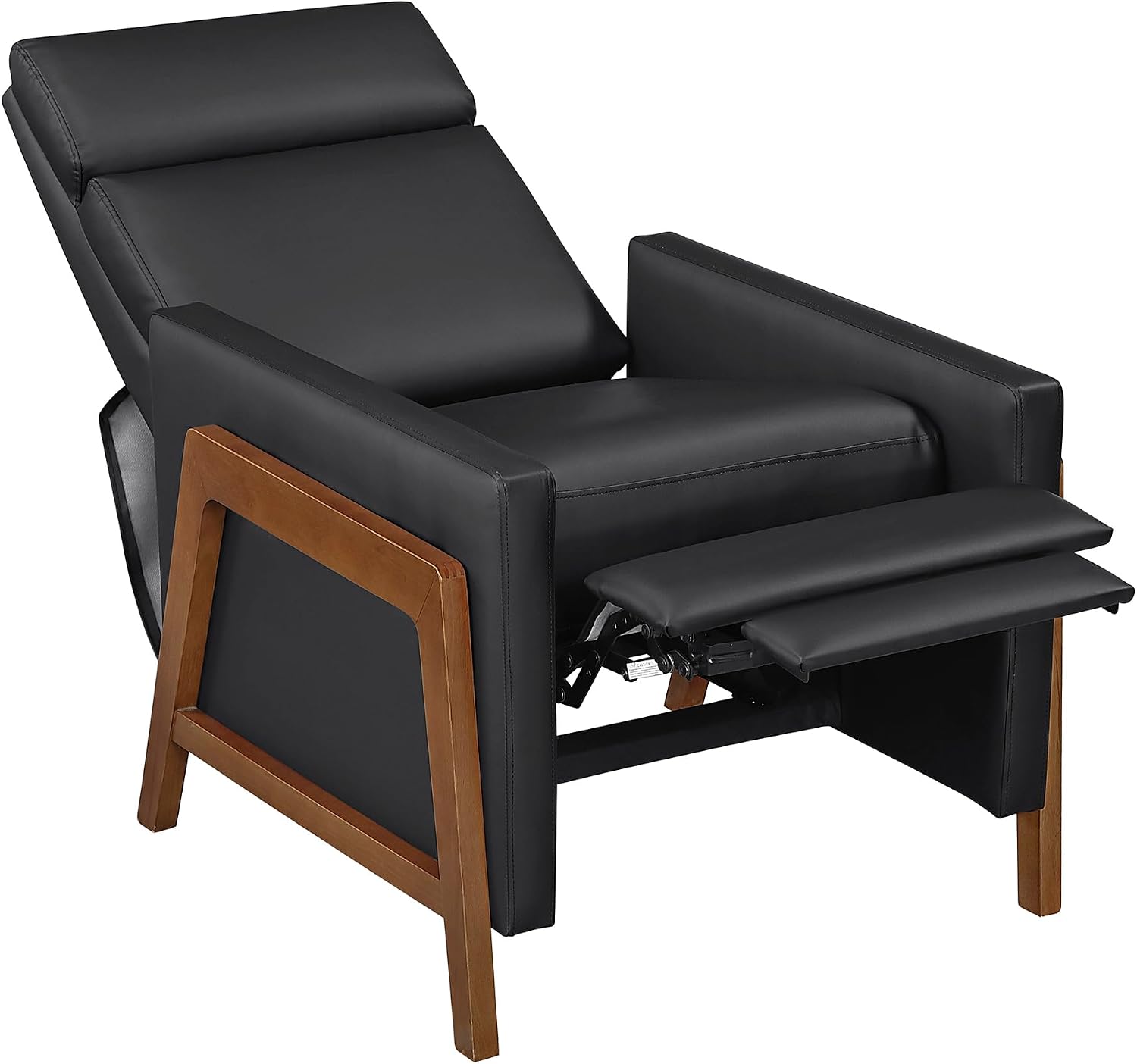Lexicon Push Back Recliner Chair, Faux Leather Upholstered Reclining Chair with Footrest, Exposed Dark Brown Finish Wood Frame, Small Recliner for Small Space, Living Room, Bedroom, Black