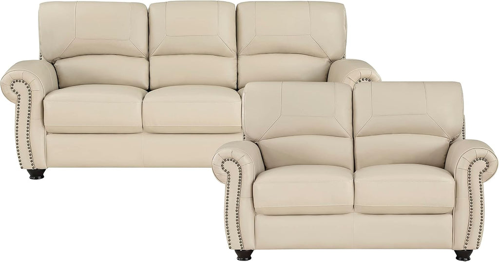 Lexicon Leather Match Sofa Set, Top Grain Leather Match Living Room Furniture Sets, Include Sofa Couch and Loveseat, 2-Piece Set, Cream