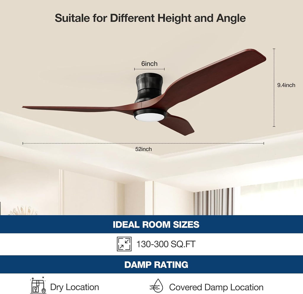 Smart 52' Wood Flush Mount Ceiling Fan for Bedroom, Red Walnut | Quiet DC Motor, WiFi Alexa Voice Control, High CFM Dimmable LED, Low Profile, Reversible, 6 Speeds Adjustment, Time Setting
