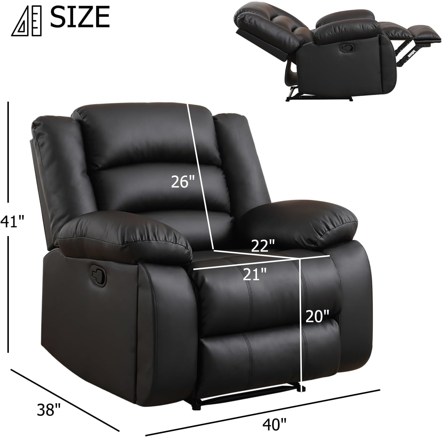 EBELLO Manual Recliner Chair, Faux Leather Reclining Chair with Hidden Cup Holders, Overstuffed Armrests and Back, Manual Single Sofa for Adult, Black