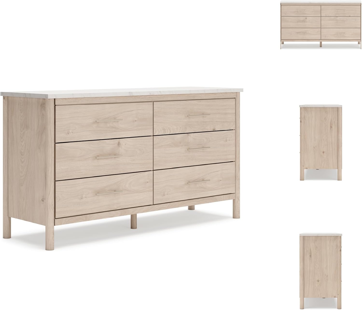 Signature Design by Ashley Cadmori Casual Bohemian Dresser with Post Legs and 6 Drawers, Replicated Marble Top, Wood, 35' High, White and Light Brown Finish