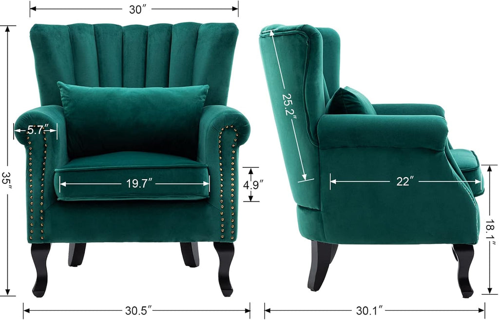 Kmax Green Accent Chair Velvet Wingback Chair with Pillow Nail-Head Channel Tufted Club Oversized Chair for Living Room Bedroom Guest Room