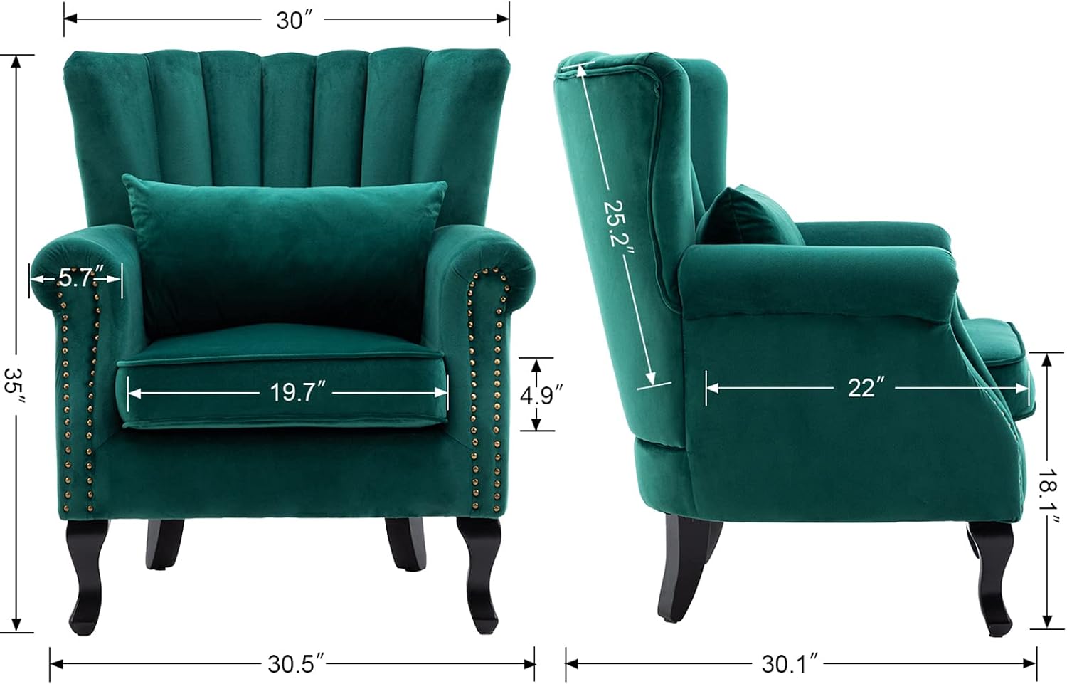 Kmax Green Accent Chair Velvet Wingback Chair with Pillow Nail-Head Channel Tufted Club Oversized Chair for Living Room Bedroom Guest Room