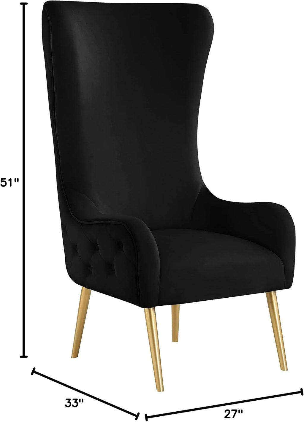 Meridian Furniture 536Black Alexander Collection Modern | Contemporary Velvet Upholstered Accent Chair with Sturdy Gold Metal Legs and Deep Button Tufting on Back, 27' W x 33' D x 51' H
