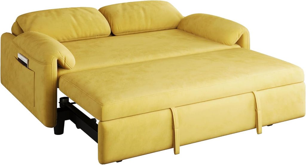 KEIKI Velvet 3 in 1 Convertible Full Sofa Bed with Pull-Out Sleeper, Adjustable Backrest, Side Pockets & Recliner Function, Space-Saving Sofa for Small Rooms, Yellow