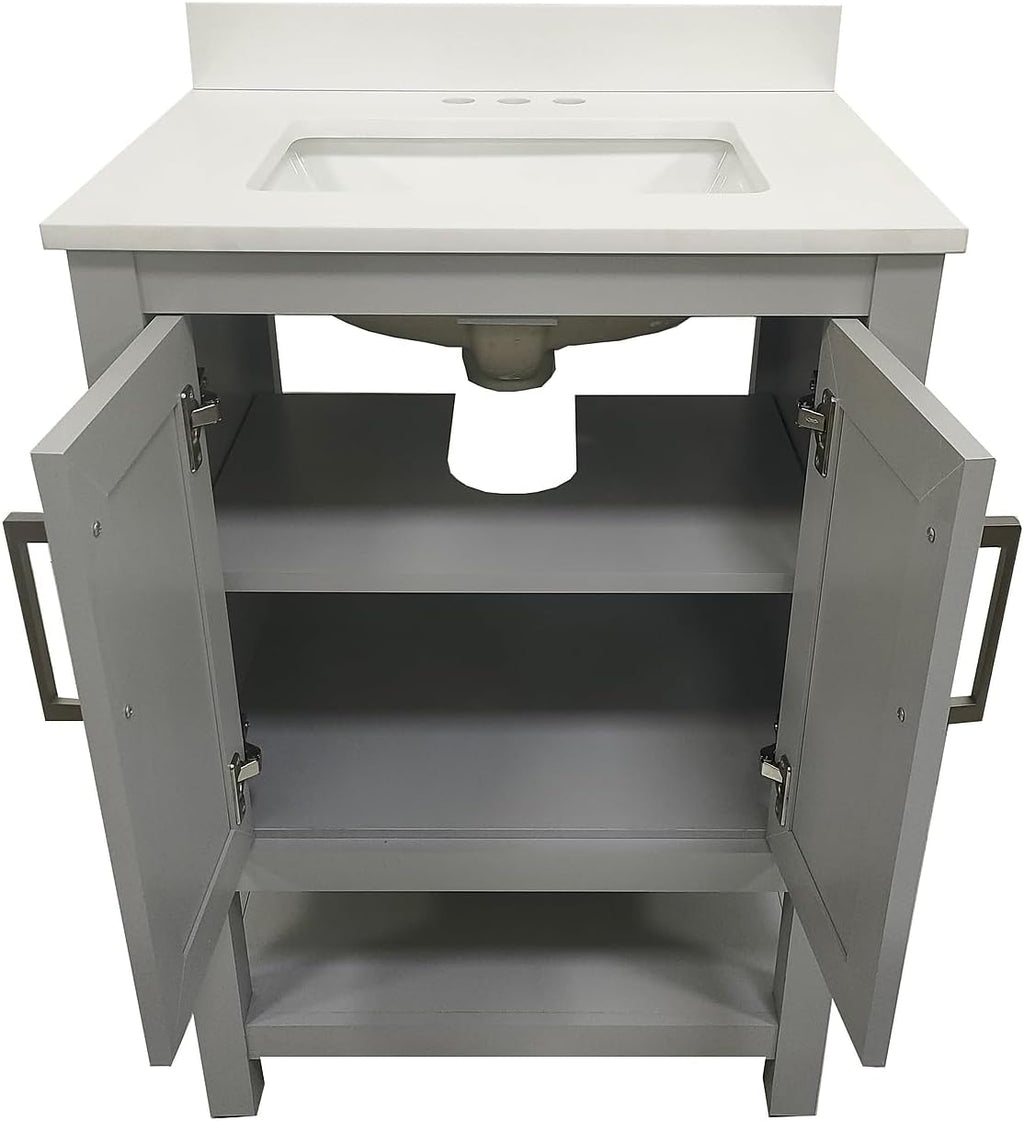 Flash Furniture Vega 24 Inch Bathroom Vanity with Sink Combo, Storage Cabinet with Soft Close Doors and Open Shelf, Carrara Marble Finish Countertop, Gray/White