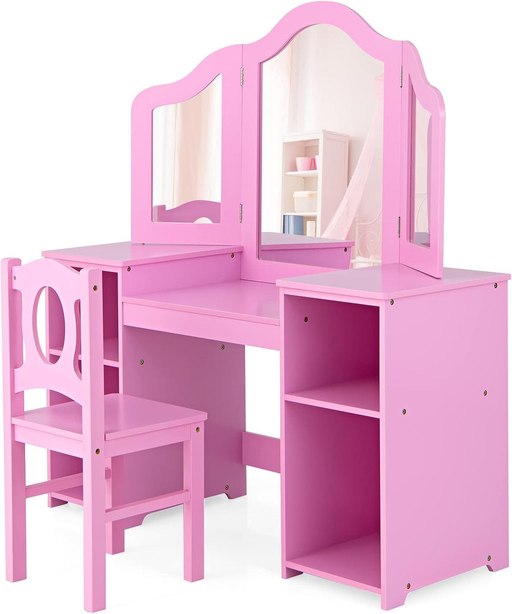 AKUSTIK Kids Vanity, 2 in 1 Pink Wooden Dressing Table and Chair Set for Toddlers with Tri-Folding Detachable Mirror, Storage Shelves, Pretend Princess Beauty Make Up Play Set for Little Girls