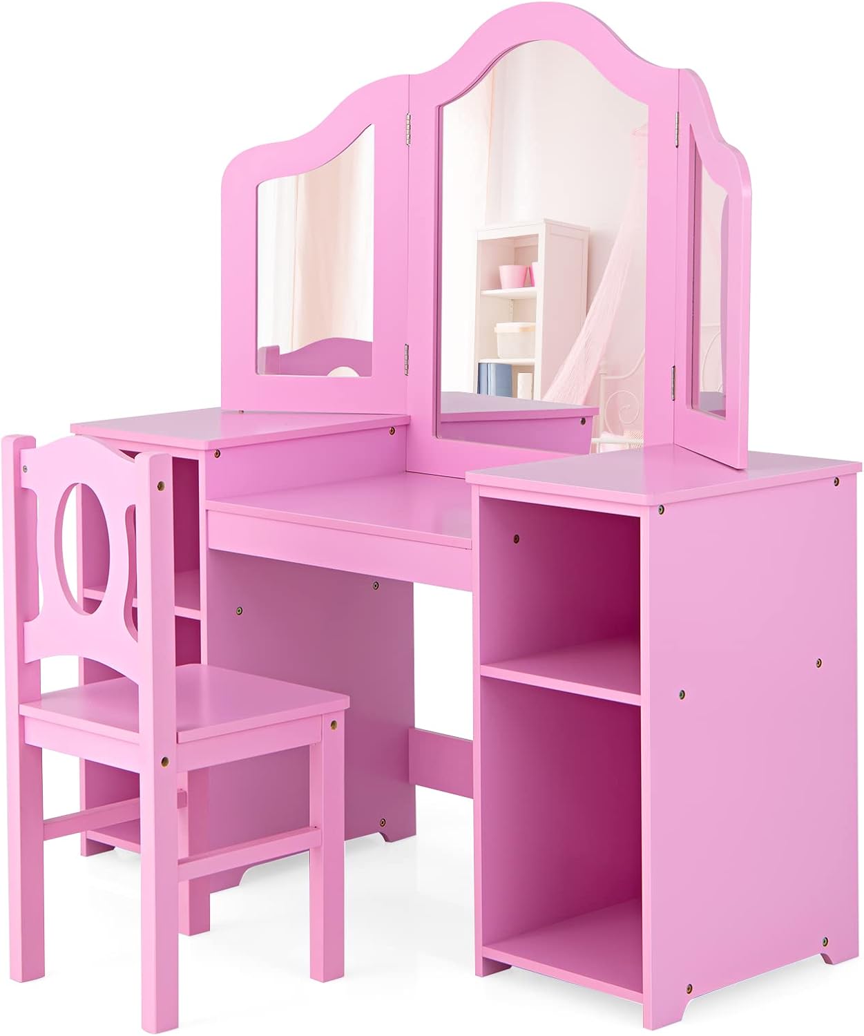 AKUSTIK Kids Vanity, 2 in 1 Pink Wooden Dressing Table and Chair Set for Toddlers with Tri-Folding Detachable Mirror, Storage Shelves, Pretend Princess Beauty Make Up Play Set for Little Girls