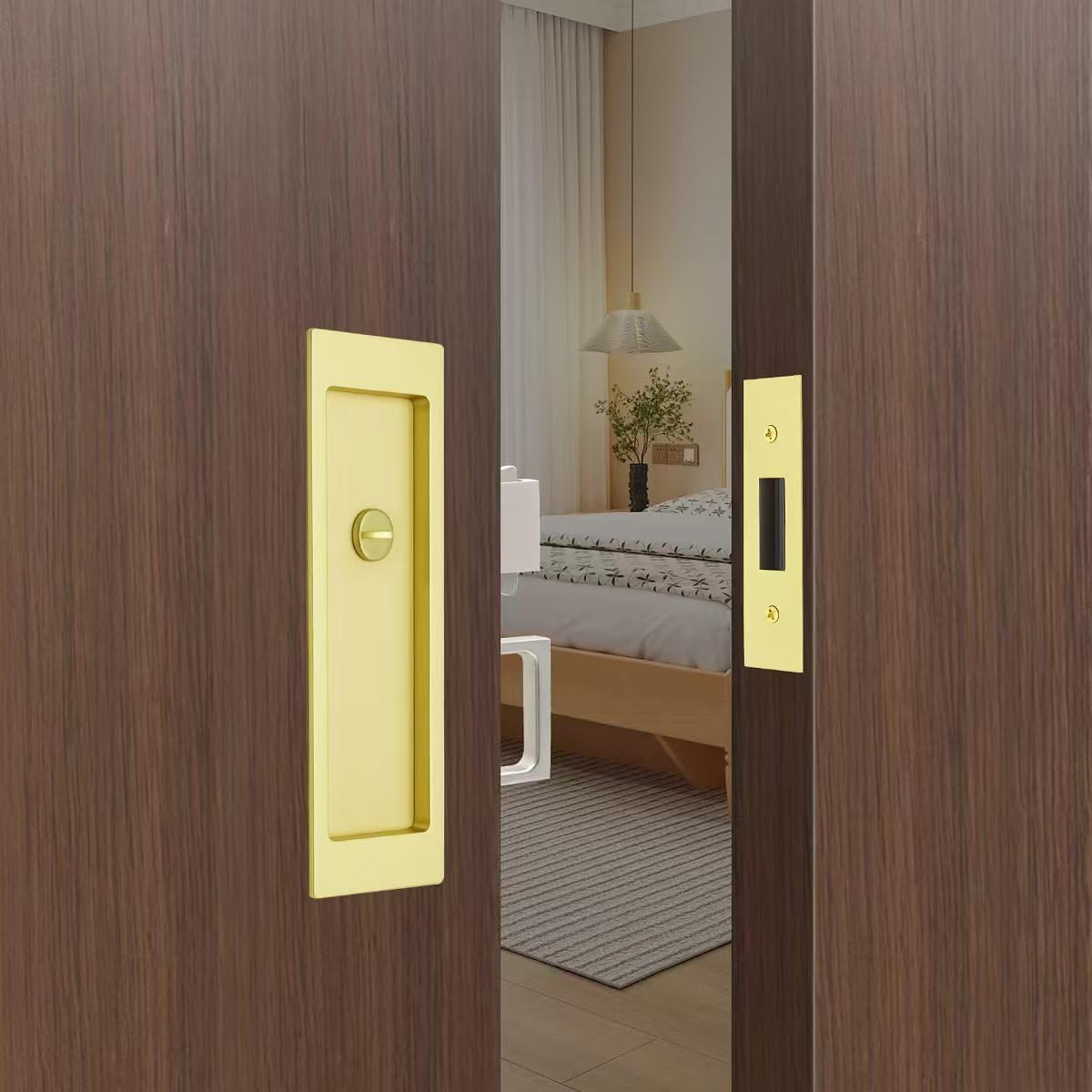 Rectangular Privacy Pocket Door Mortise Lock and Edge Pull, Narrow Modern Sliding Door Pop-Up Handle, (Bed/Bath) Pull Latch, Recessed Hardware for 1 3/8' to 2 3/16' Thickness Door (Satin Brass)
