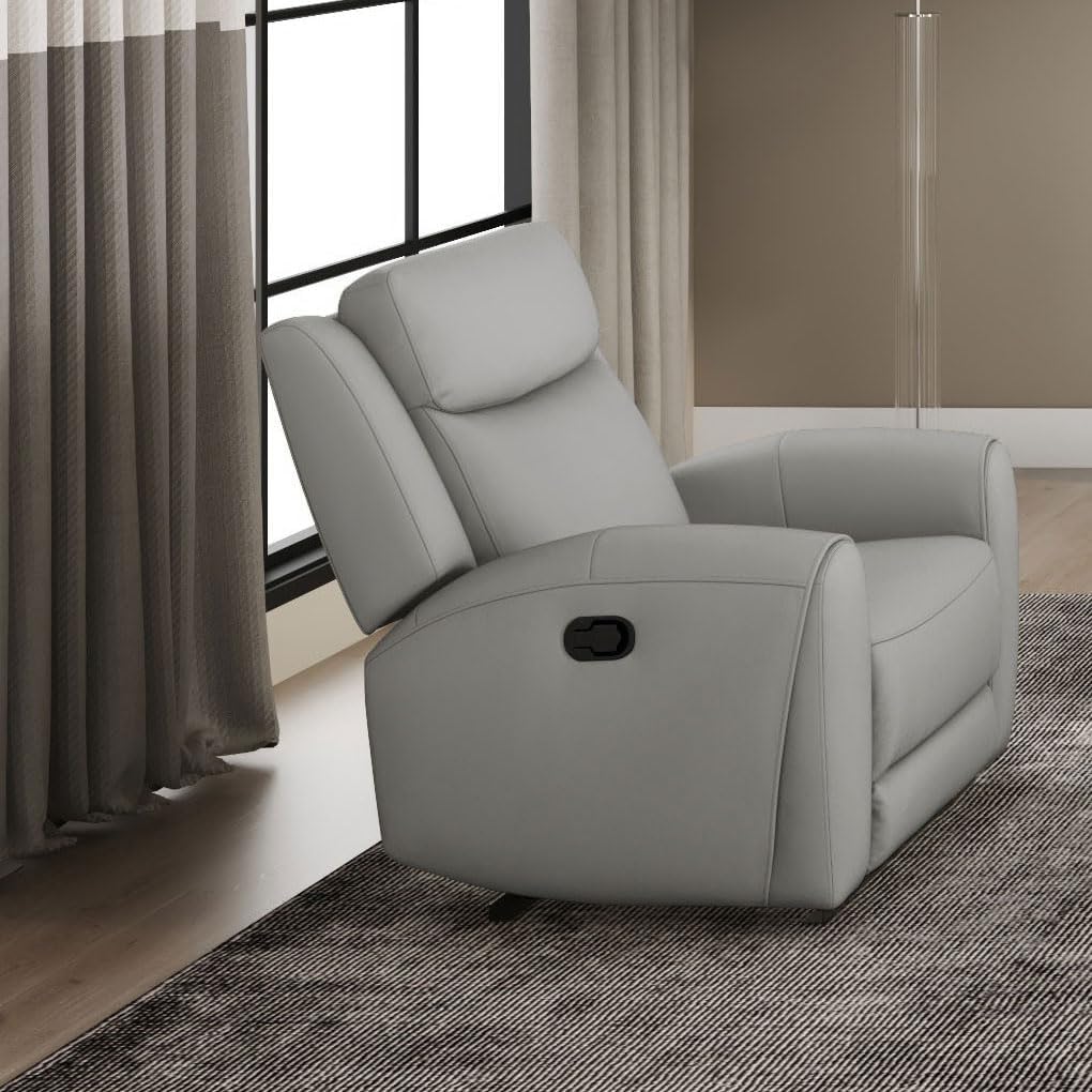 Furniture of America Larson Modern Leather Recliner Chair with Contour Armrests and High Density Foam, Reclining Couch for Living Room, Office, Home Theater, Playroom, Light Grey