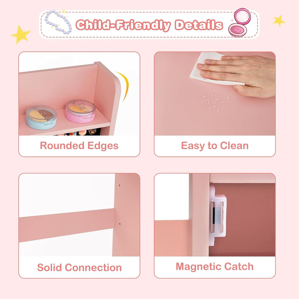 INFANS Kids Vanity with Lights, Princess Makeup Desk with Mirror Storage Shelves, Toddler Table and Chair Set Pretend Play for Girls Aged 4-9