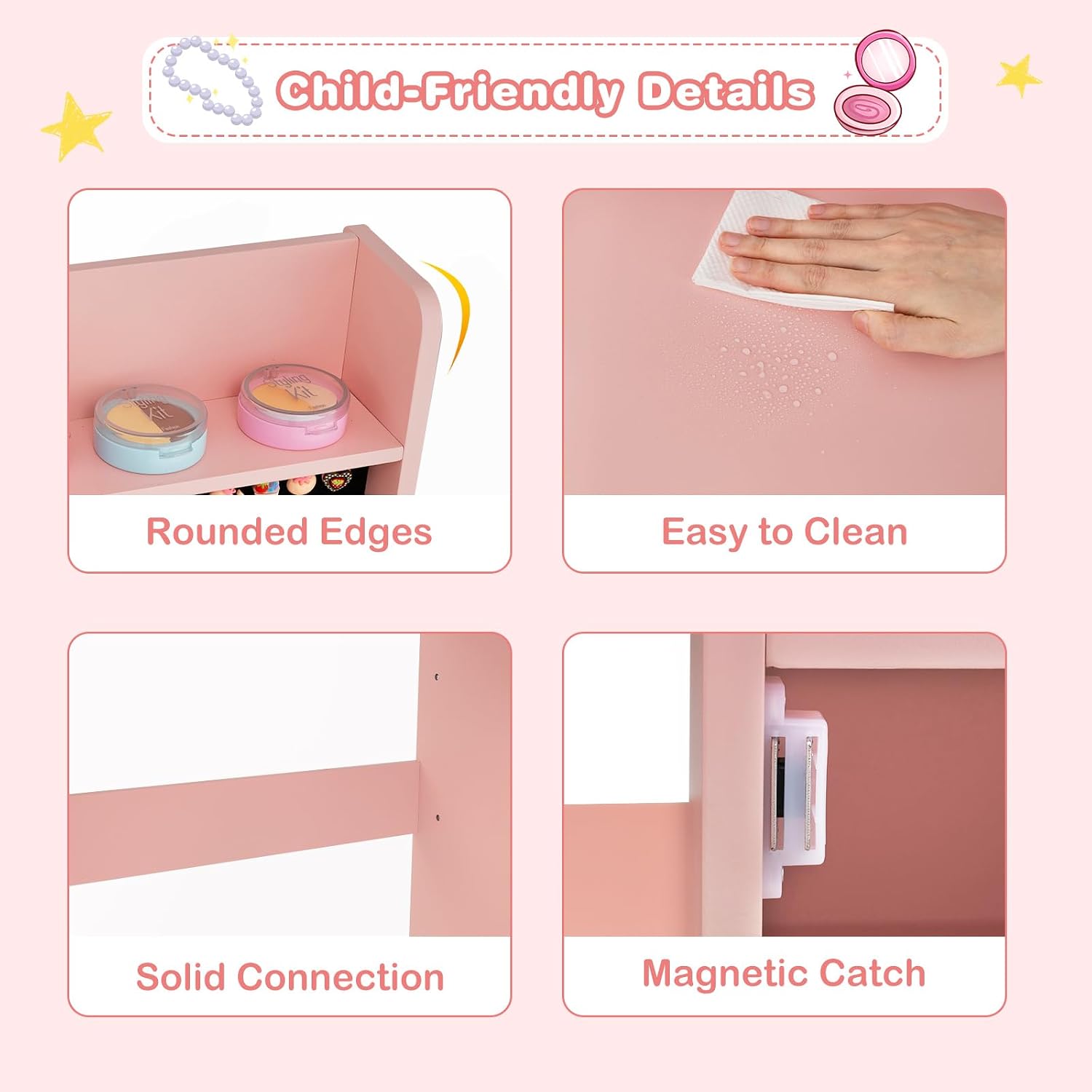 INFANS Kids Vanity with Lights, Princess Makeup Desk with Mirror Storage Shelves, Toddler Table and Chair Set Pretend Play for Girls Aged 4-9