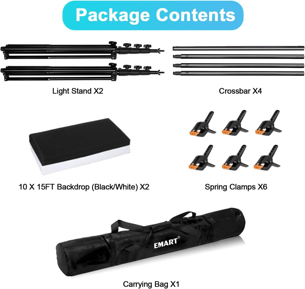 EMART 10 x 10ft Heavy Duty Background Support System,Professional Photo Backdrop Stand Kit with 10 x 15 ft Polyester Backdrop (White,Black),Clamp,Carry Bag for Parties,Photography,Wedding,Decoration