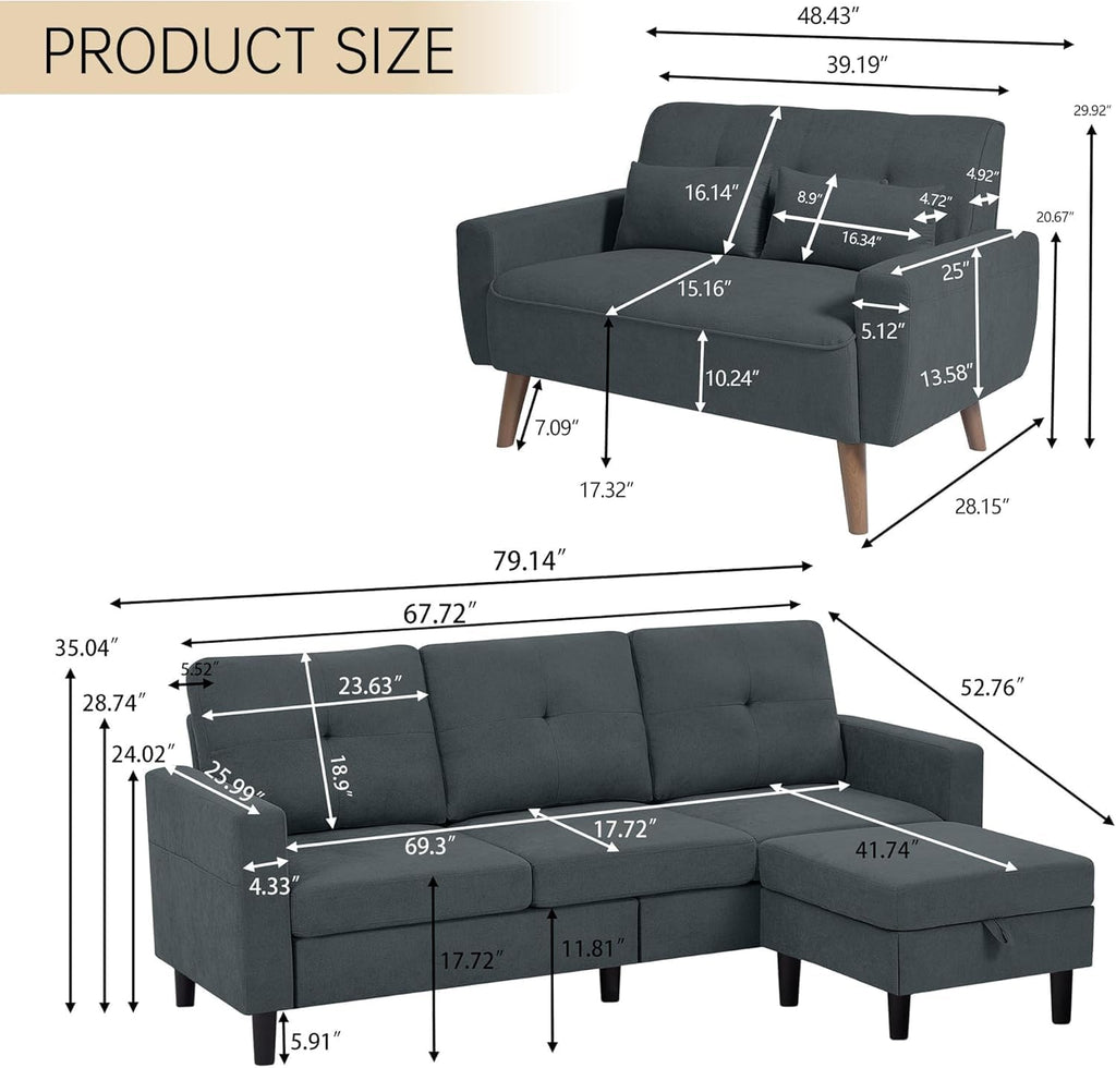 2 Piece Comfy Couch Set, 3 Seater & 2-Seater Sofa and Loveseat Set with Ottoman, Modern Sofa Sets for Living Room/Apartment/Office, Dark Grey