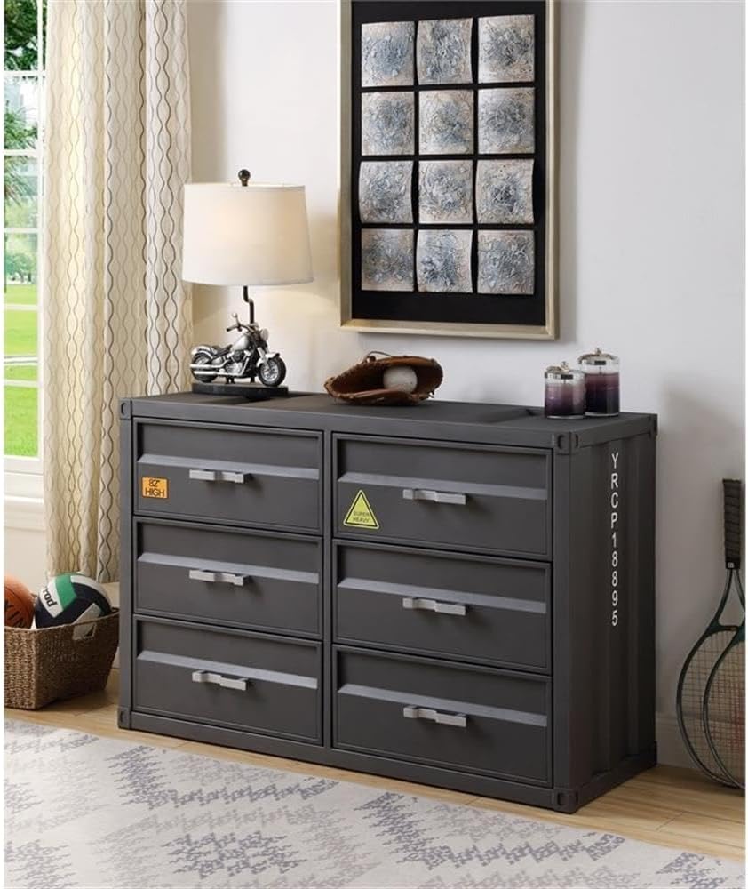 Acme Cargo Container Style Rectangular 6-Drawer Dresser in Gunmetal Metal