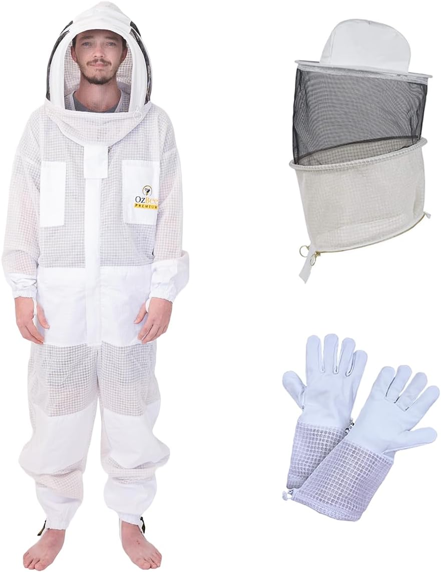 OZBEE 3-Layer Ventilated Mesh Beekeeping Suit with Fencing Hoodie Veil & Round Veil, Includes Goatskin Leather Gloves