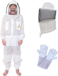 OZBEE 3-Layer Ventilated Mesh Beekeeping Suit with Fencing Hoodie Veil & Round Veil, Includes Goatskin Leather Gloves