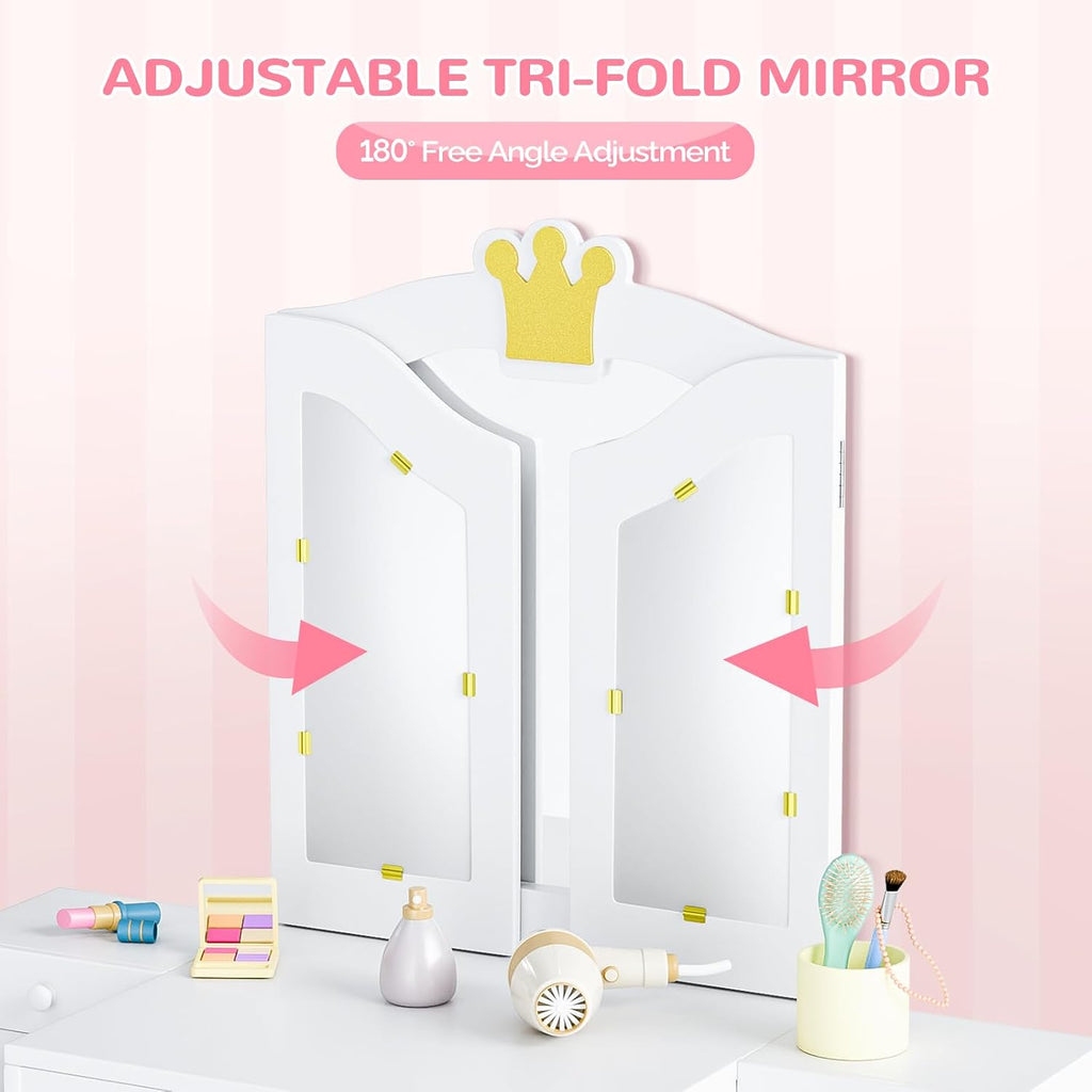 JOYMOR Kids Vanity Table and Chair Set with Tri-Fold Mirror, Extra-Wide Kids Vanity Set, Princess Dressing Table with Stool for Girls Ages 3-8 (White)
