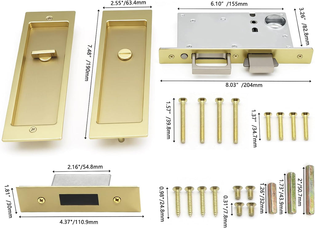 Rectangular Privacy Pocket Door Mortise Lock and Edge Pull, Narrow Modern Sliding Door Pop-Up Handle, (Bed/Bath) Pull Latch, Recessed Hardware for 1 3/8' to 2 3/16' Thickness Door (Satin Brass)