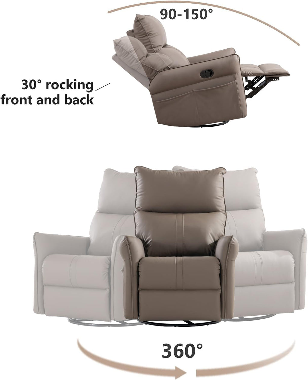 KEIKI 360 Degree Rocking Swivel PU Leather Recliner Chair, Individual Seat Home Theater Recliner Seating with Side Pocket for Living Room Bedroom, Brown
