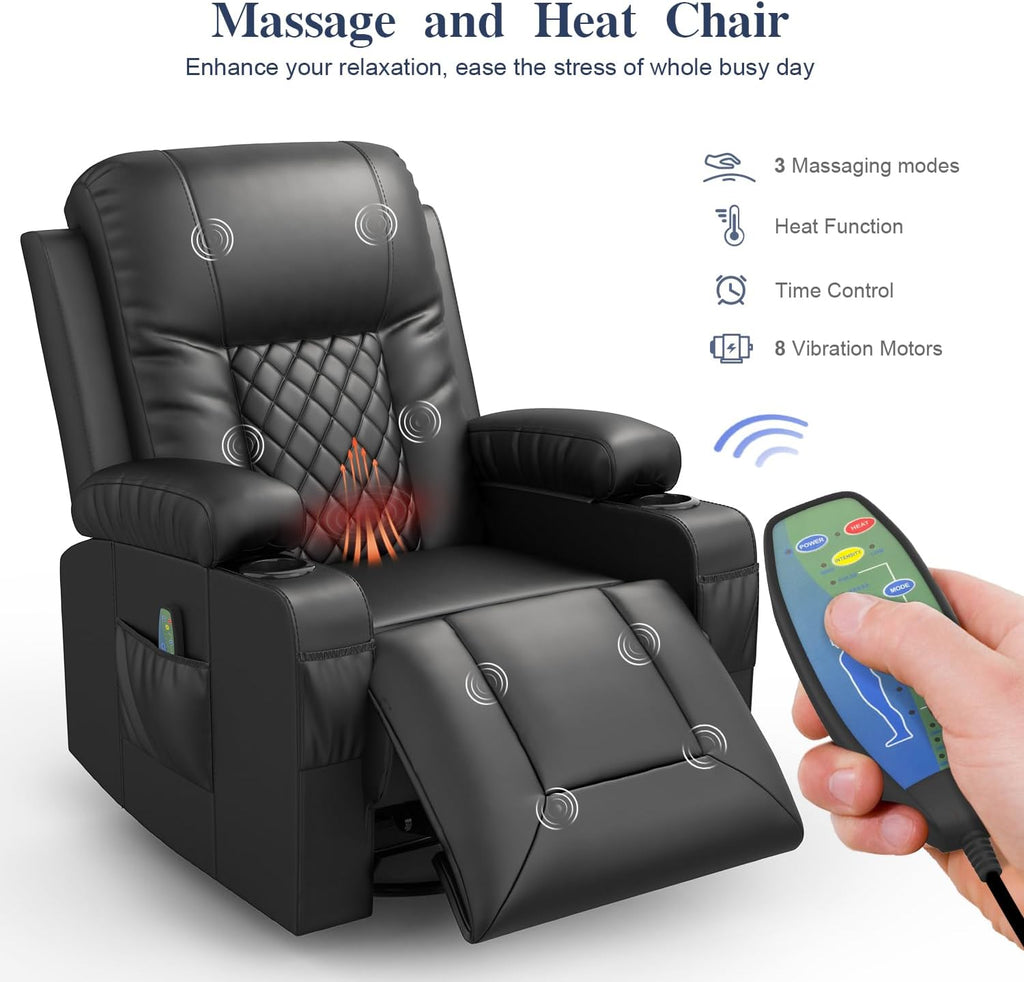 Recliner Chairs for Adults, FSC Certified Massage Reclining Chair with Heated Modern, Ergonomic Lounge Single Reclining Sofa Seat with Cup Holder & Pocket, Living Room Lounge Recliners Black