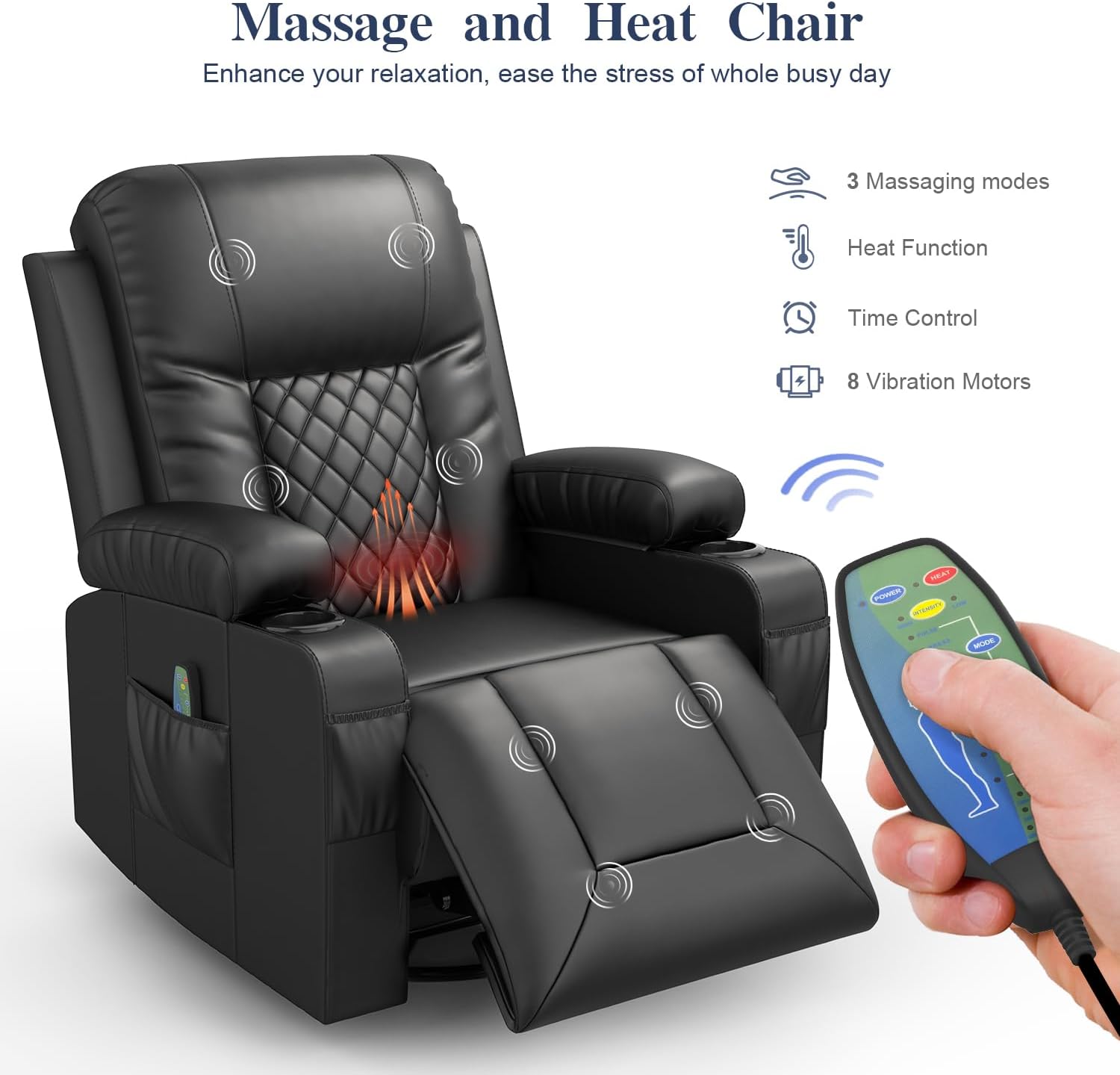 Recliner Chairs for Adults, FSC Certified Massage Reclining Chair with Heated Modern, Ergonomic Lounge Single Reclining Sofa Seat with Cup Holder & Pocket, Living Room Lounge Recliners Black
