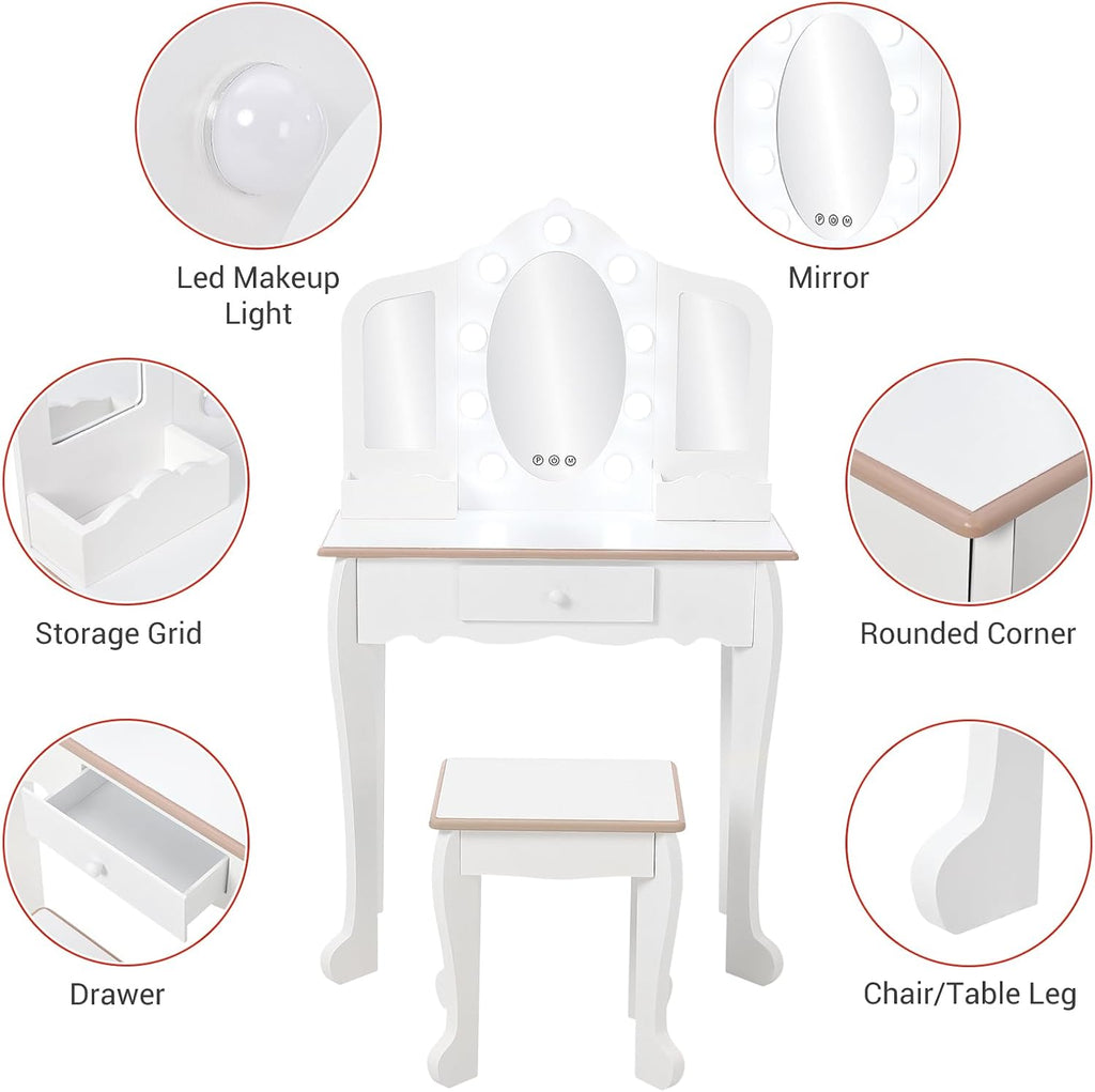 Garveehome Kids Vanity Table and Chair Set with Light, Girls Vanity with Mirror, Drawer and Pretend Playset, Wooden Princess Makeup Desk Dressing Table, Toddler Vanity (Batteries Not Included)