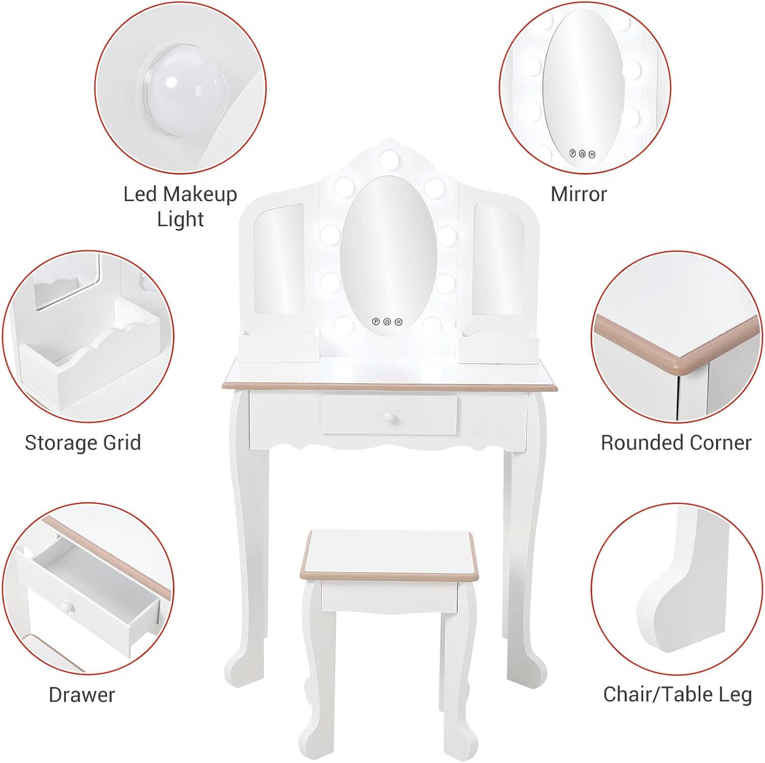 Garveehome Kids Vanity Table and Chair Set with Light, Girls Vanity with Mirror, Drawer and Pretend Playset, Wooden Princess Makeup Desk Dressing Table, Toddler Vanity (Batteries Not Included)