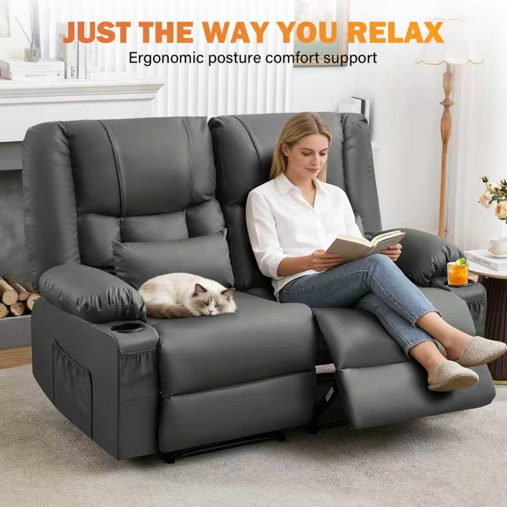HRVEOCEI Grey Leather Loveseat Recliner with Massage/Heat, Oversized Recliner Couch & Reclining Loveseat with Cup Holders/Pillow, Manual Reclining Sofa for Living Room/Rv/Home Theater Seating (Grey)