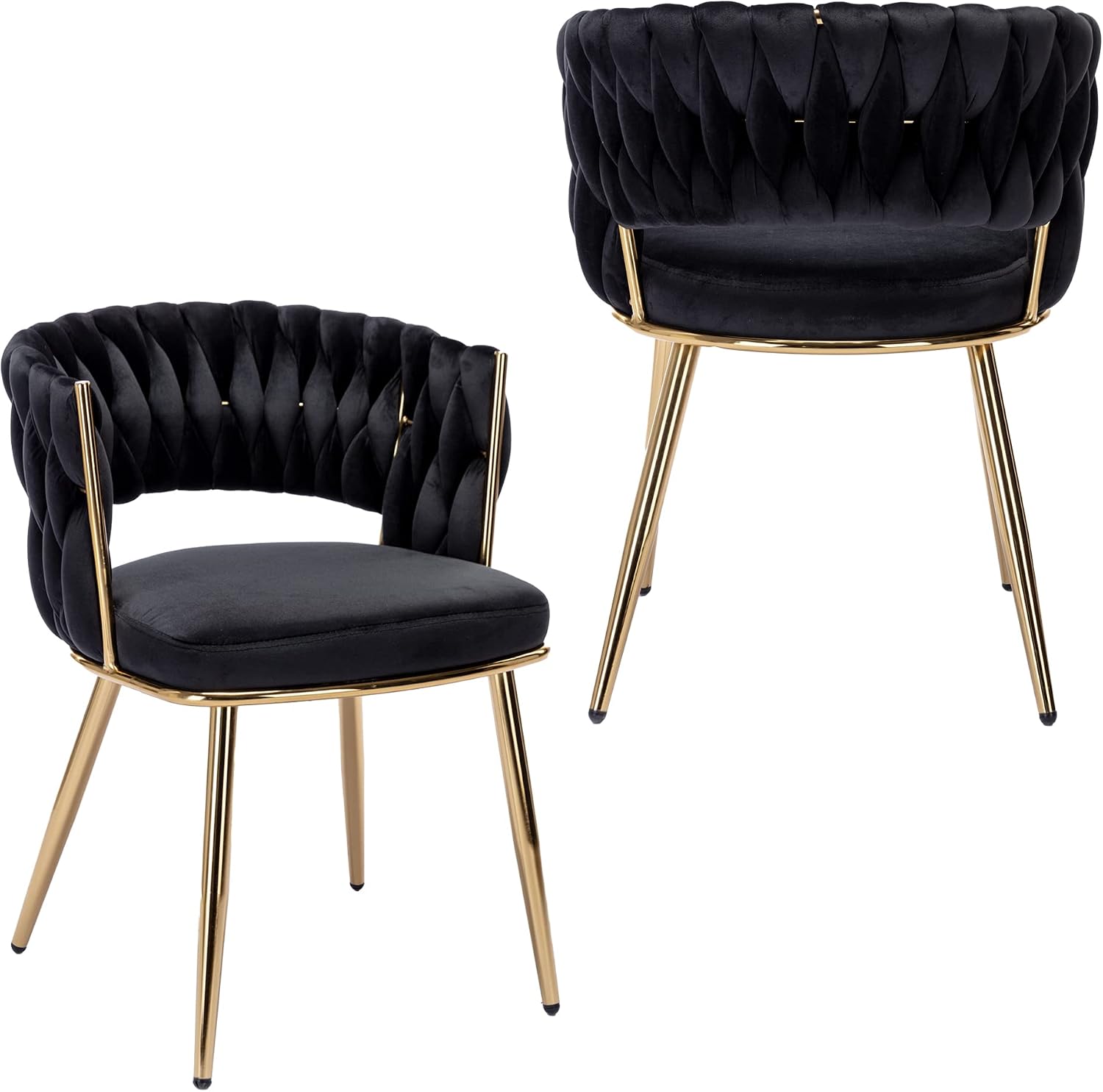 KCC Velvet Dining Chairs Set of 2, Gold Modern Dining Chair with Metal Legs, Woven Upholstered Dining Chairs for Dining Room, Kitchen, Vanity, Living Room (Black)