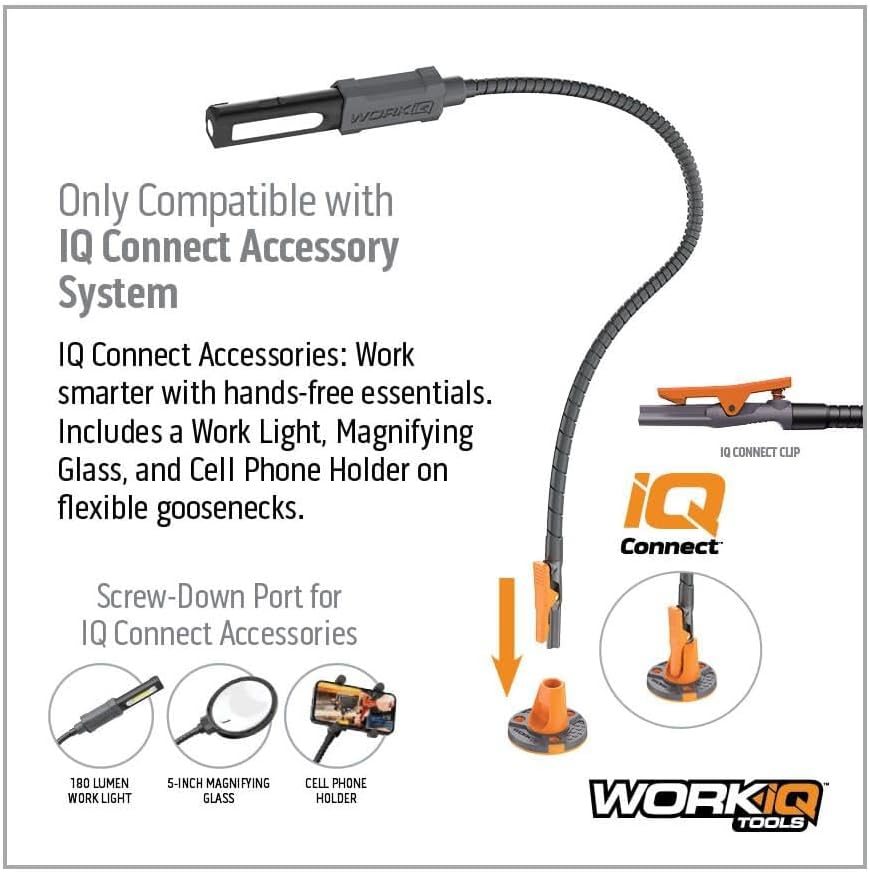 WORK IQ TOOLS IQ Connect | Hands-Free Accessory System with 3 Bench Mounts | Includes Magnifying Glass, Rechargeable Work Light & Cell Phone Holder | Work Bench Accessories Compatible with IQ Vise
