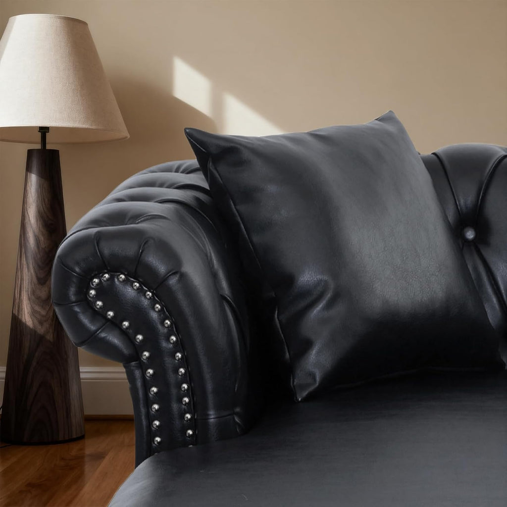 63' Oversized Chaise Lounge Comfy Reading Chair, Faux Leather Chesterfield Loveseat Sofa with Tufting Back & Rolled Arm with 2 Pillows, Comfy Couch for Indoor Relaxation, Living Room, Black