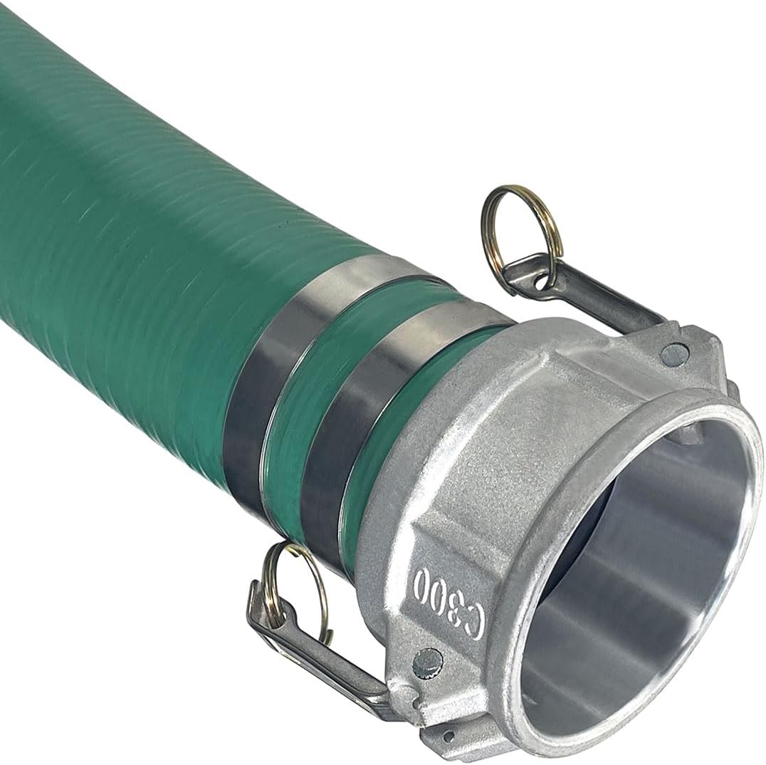 Gloxco Heavy Duty Green PVC Suction Hose Assembly for Water Transfer, 3' Inside Diameter, Installed Male x Female Cam and Groove Fittings, 20 ft Length