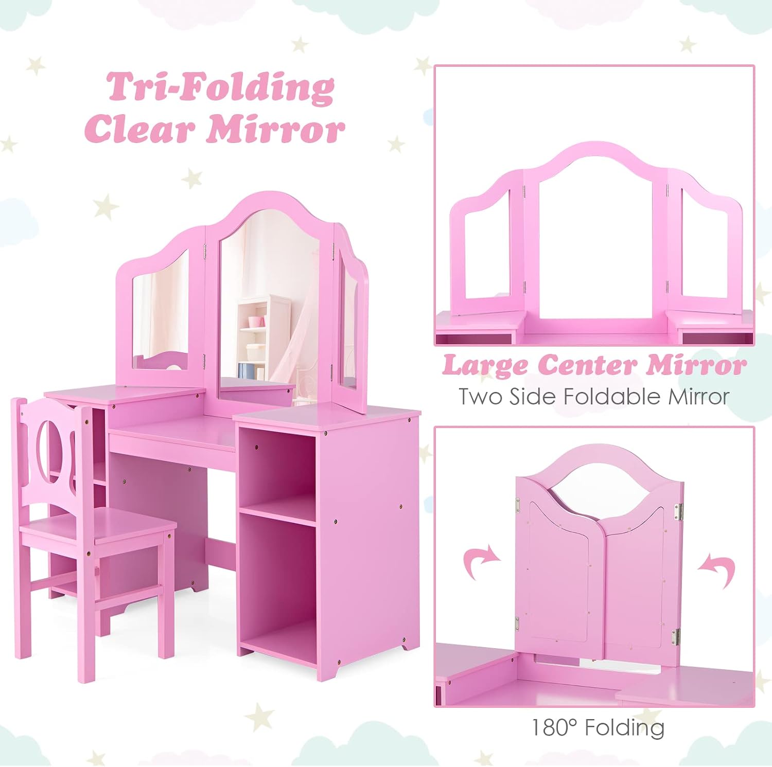 AKUSTIK Kids Vanity, 2 in 1 Pink Wooden Dressing Table and Chair Set for Toddlers with Tri-Folding Detachable Mirror, Storage Shelves, Pretend Princess Beauty Make Up Play Set for Little Girls