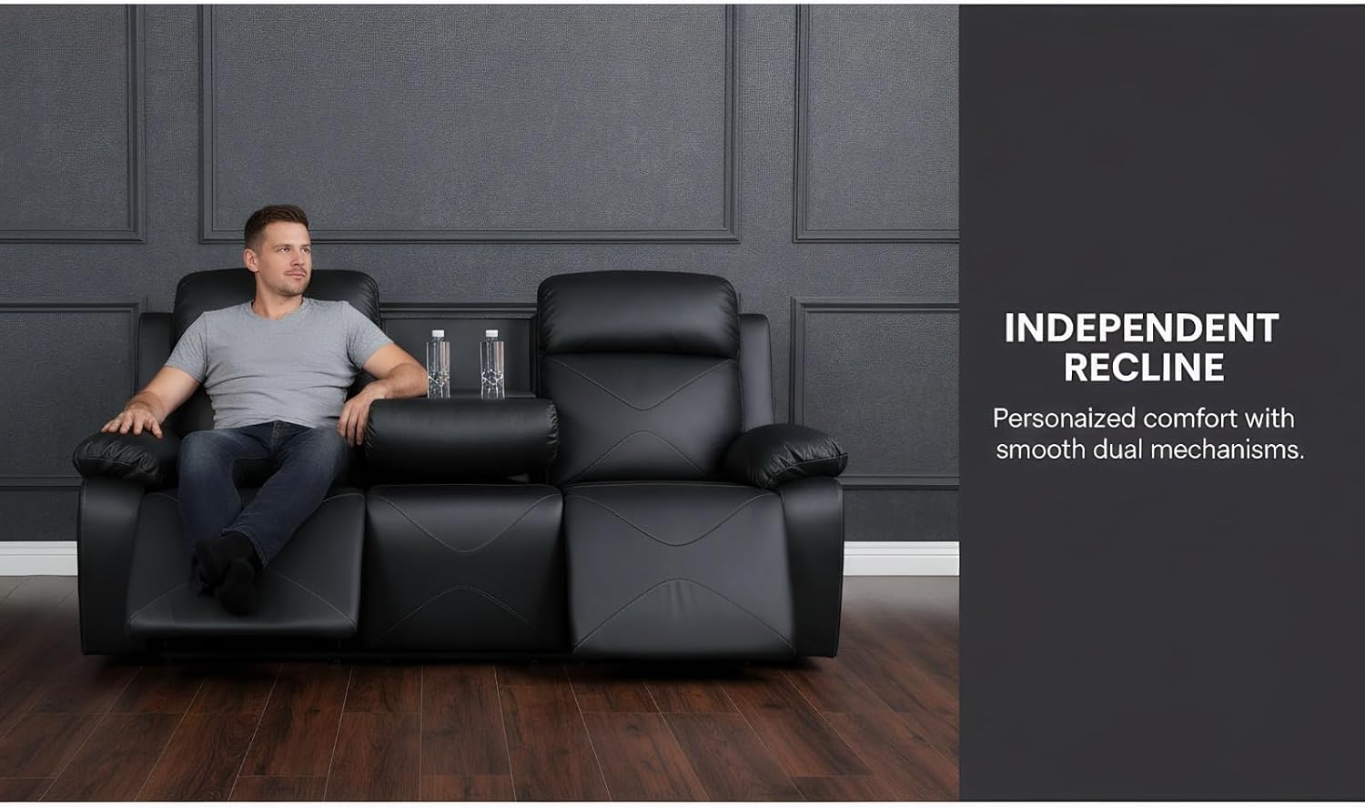 2-Piece Manual Leather Recliner Sofa Set, Adjustable Backrest Reclining Loveseat Sofa & Recliner Chair with Convertible Middle Coffee Table for House, Home Theater, Black